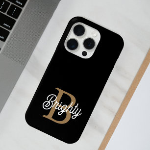 Coque iPhone 15 Pro Monogramme moderne élégant Nom Black Gold Script