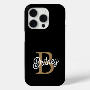 Coque iPhone 15 Pro Monogramme moderne élégant Nom Black Gold Script