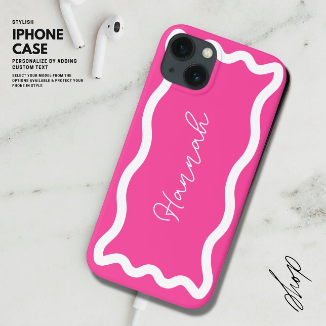 Coques Case-Mate iPhone Monogramme moderne élégant Script Hot rose Wavy Li (Créateur téléchargé)