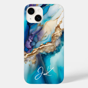 Coque Pour iPhone 14 Monogramme moderne en marbre bleu or personnalisé