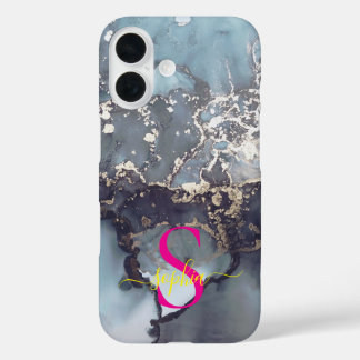 Coque Pour iPhone 16 monogramme moderne en marbre noir et blanc