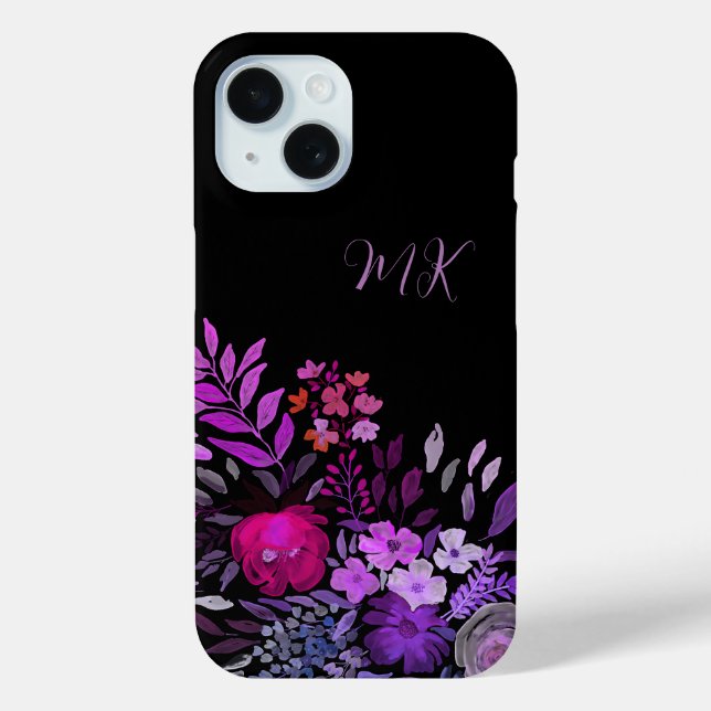 Coques Case-Mate iPhone Monogramme Moderne Feminine violet rose Floral Noi (Verso)