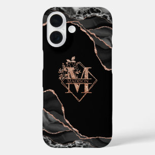 Coque Pour iPhone 16 Monogramme moderne M Noir Agate Marbre Rose Or