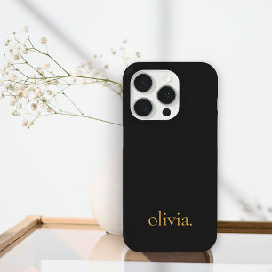 Coque iPhone 15 Pro Monogramme moderne minimaliste Black Gold élégant