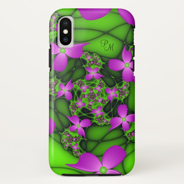 Coques Case-Mate iPhone Monogramme moderne Neon Rose Vert Fleurs fractales (Dos)