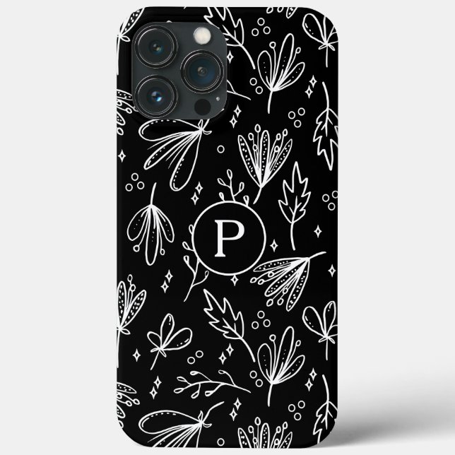 Coques Case-Mate iPhone Monogramme moderne noir blanc motif floral (Verso)