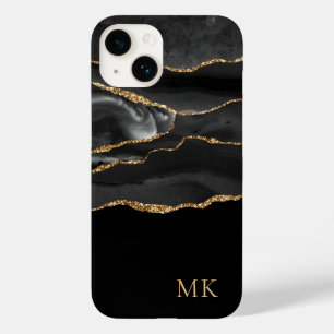 Coque Pour iPhone 14 Monogramme moderne or et marbre noir