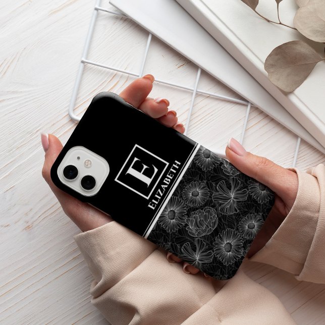 Coques Case-Mate iPhone Monogramme moderne personnalisé Floral noir et bla (Créateur téléchargé)