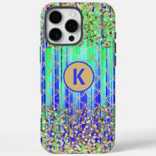 Coques iPhone 16 Pro Max Monogramme Moderne Sirène Paillettes Vert Bleu