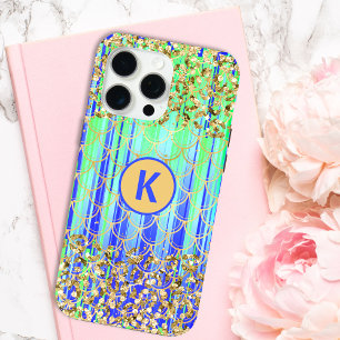 Coque iPhone 15 Pro Max Monogramme Moderne Sirène Paillettes Vert Bleu