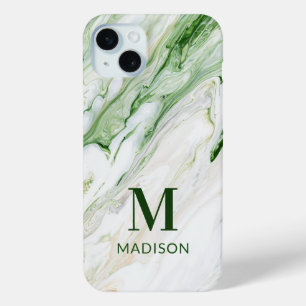 Coque iPhone 15 Mini Monogramme Moderne Vert Blanc Personnalisé Élégant