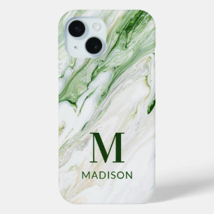 Coque Pour iPhone 15 Monogramme Moderne Vert Blanc Style Personnalisé