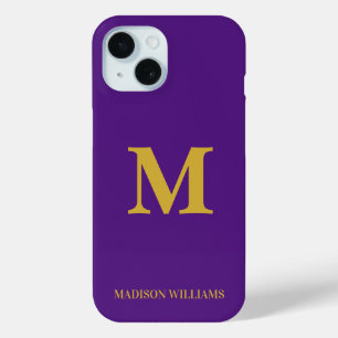 Coque Pour iPhone 15 Monogramme moderne violet & or élégant minimaliste