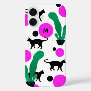 Coque Pour iPhone 16 Monogramme Motif de chats noirs et de cactus moder