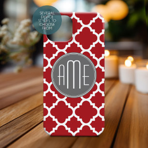 Coque Pour iPhone 15 Monogramme Motif de Quatrefoil rouge et gris