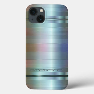 iPhone 13 Case Monogramme Motif de rayures bleu-gris métallique