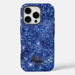 Coques iPhone 16 Pro Monogramme Motif doré bleu moderne