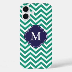 iPhone 16 Plus Case Monogramme Motif Emerald Green & Blue Zigzags