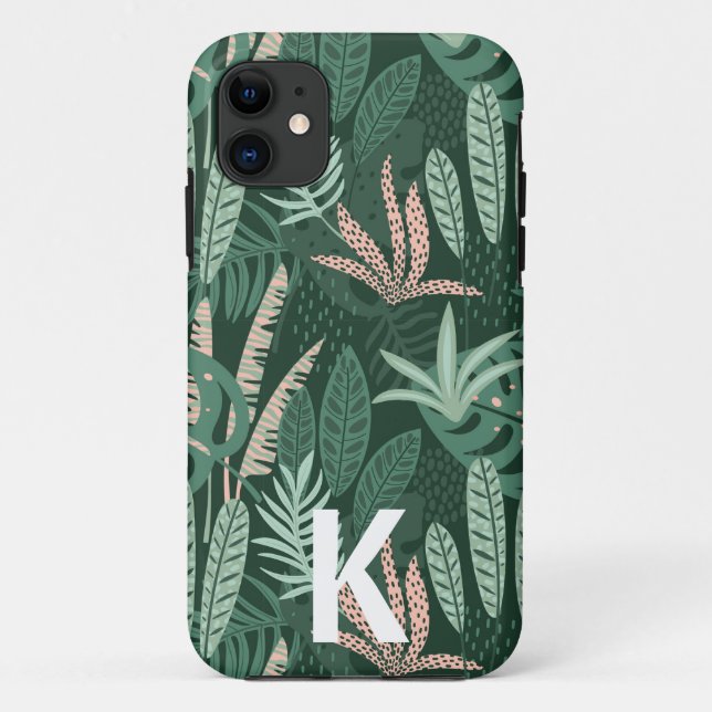 Coques Case-Mate iPhone Monogramme Motif Feuille vert moderne (Dos)