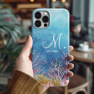Coques iPhone 16 Pro Max Monogramme motif marin bleu moderne