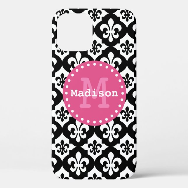 Coques Case-Mate iPhone Monogramme Motif noir blanc rose Fleur-De-Lis (Verso)