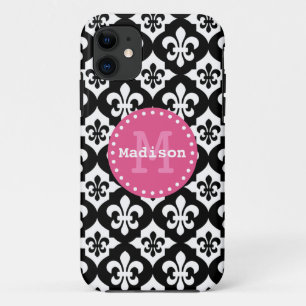 Coques Pour iPhone Monogramme Motif noir blanc rose Fleur-De-Lis