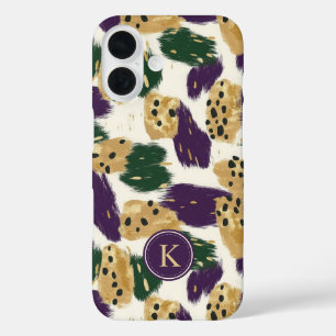 Coque Pour iPhone 16 Monogramme Motif vert violet or brosses