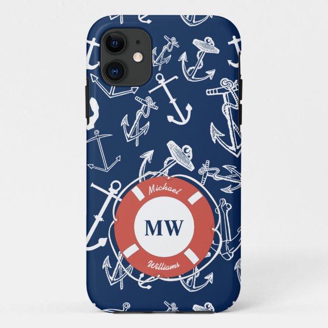 Coques Case-Mate iPhone Monogramme nautique Ancre bleu marine Motif (Dos)