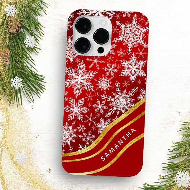 Coques Case-Mate iPhone Monogramme Noël Rouge or blanc Snowflakes (Créateur téléchargé)