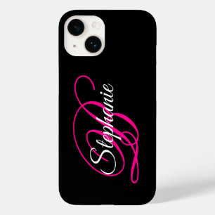 Coque Pour iPhone 14 Monogramme noir blanc et rose chaud
