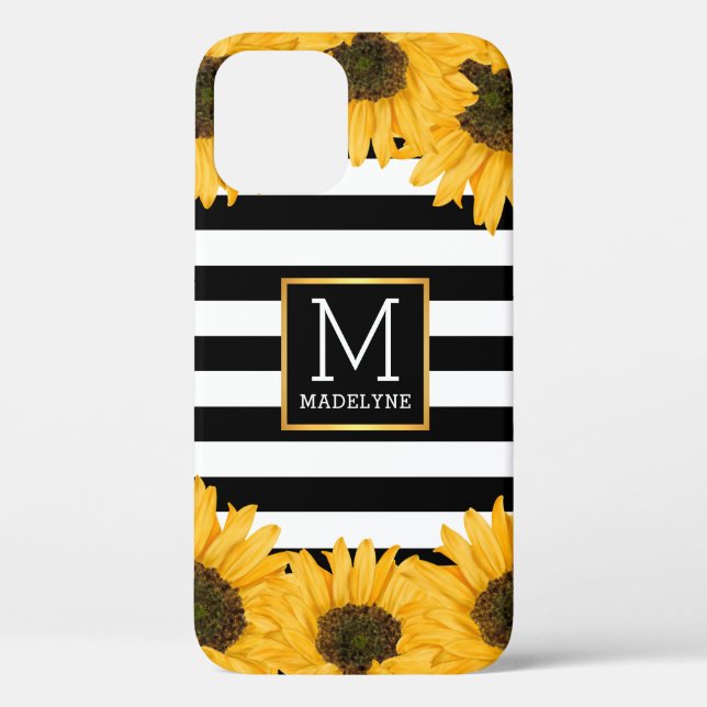 Coques Case-Mate iPhone Monogramme Noir blanc rayé tournesol Or (Verso)