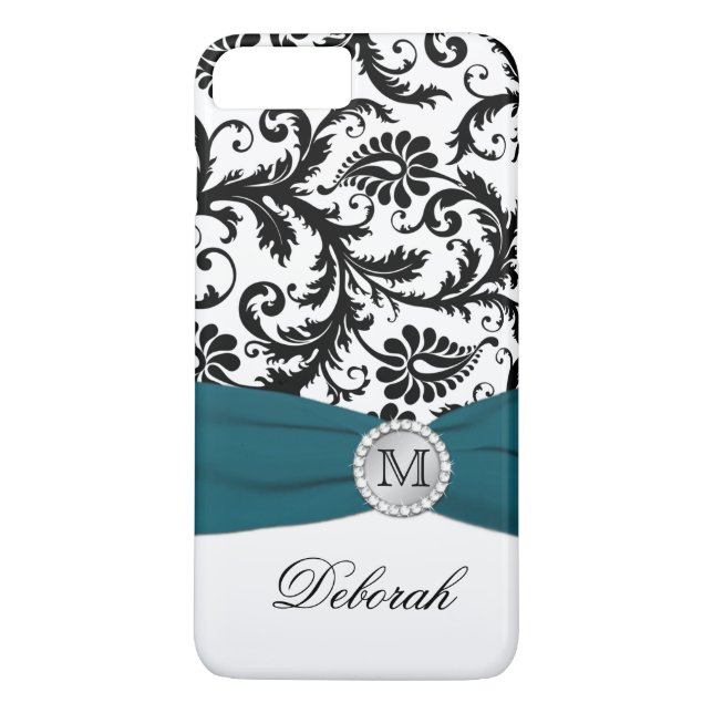 Coques Case-Mate iPhone Monogramme noir, blanc, Turquoise Damask iPhone 7  (Dos)