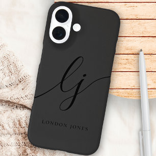 Coque Pour iPhone 16 Monogramme Noir Calligraphie Initiales de script É