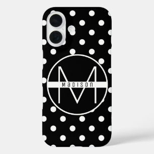 Coque Pour iPhone 16 Monogramme   Noir et blanc Chic Polka Motif point