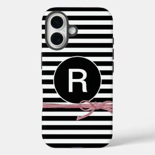 Coque Pour iPhone 16 Monogramme noir et blanc tripé avec chaîne
