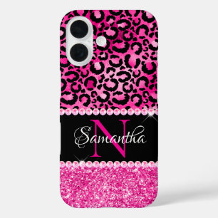 Coque Pour iPhone 16 Monogramme noir et rose-chaud de limon léopard