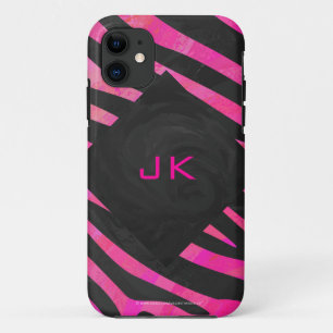 Coque iPhone 11 Monogramme noir et rose chaud Zebra Design