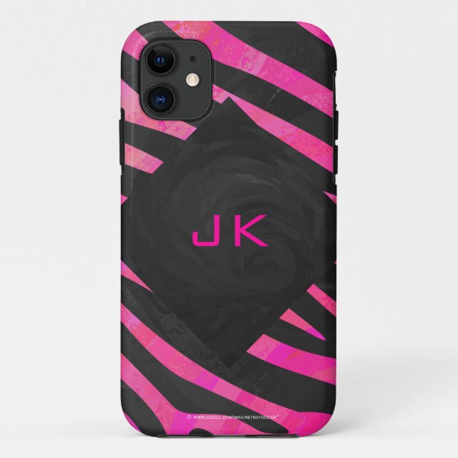 Coques Case-Mate iPhone Monogramme noir et rose chaud Zebra Design (Dos)