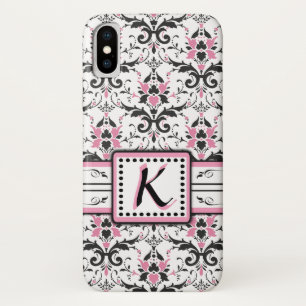 Coque iPhone X Monogramme noir et rose de damassé