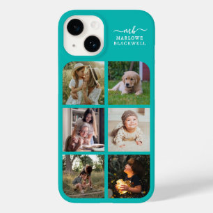Coque Pour iPhone 14 Monogramme Nom Blue Green 6 Photo Collage