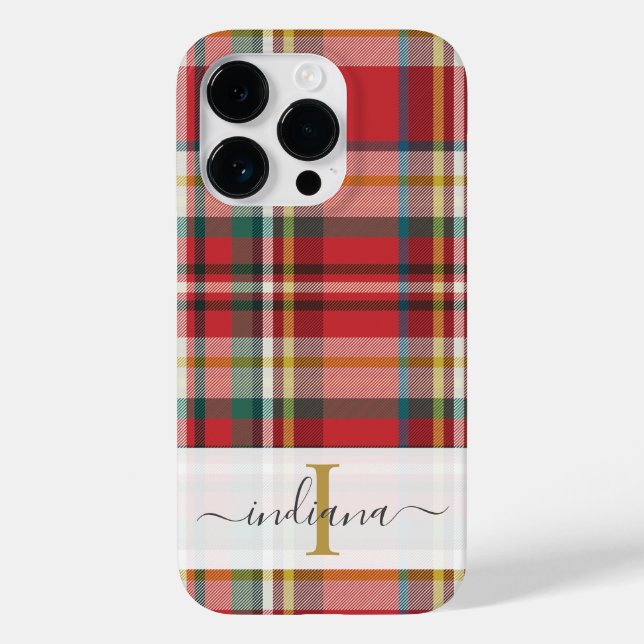 Coques Case-Mate iPhone Monogramme Nom du script Plaid Motif rouge rustiqu (Verso)