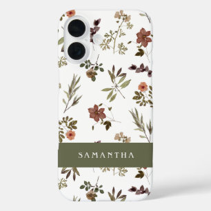 Coque Pour iPhone 16 Monogramme Nom Fleur Sauvage Bourgogne Vert