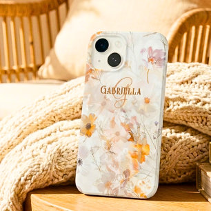 Coque Pour iPhone 14 Monogramme Nom Initial Élégant Floral Aquarelle