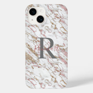 Coque Pour iPhone 14 Monogramme Nom Initiale Blanc Gris Or Rose Marbre 