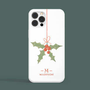 Coque iPhone 15 Pro Max Monogramme Nom Noël Holly Hiver Floral