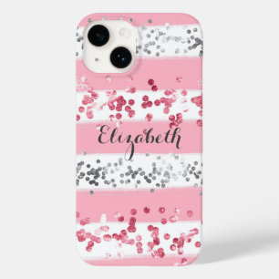 Coque Pour iPhone 14 Monogramme Nom Rose Blanc Gris Paillettes Tendance