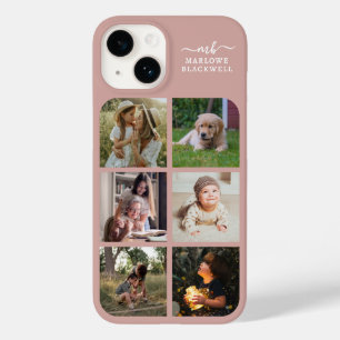 Coque Pour iPhone 14 Monogramme Nom Rose Gold 6 Photo Collage