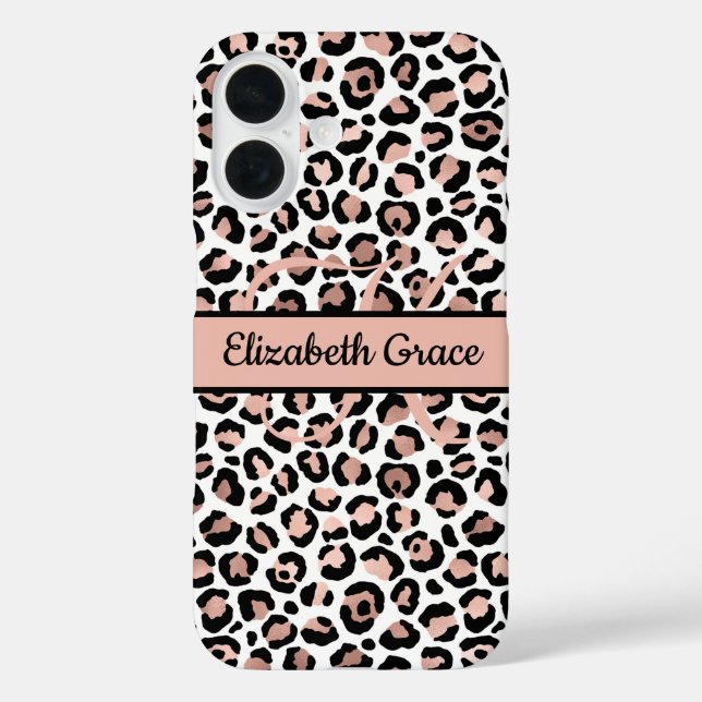 Coques Case-Mate iPhone Monogramme Nom Rose Gold Imprimé Léopard Noir (Verso)