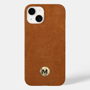 Coque Pour iPhone 14 Monogramme or brossé en cuir de taille moderne