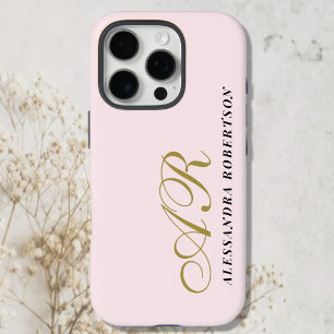 Coques iPhone 16 Pro Monogramme Or Poudre rose Noir Nom Minimaliste
